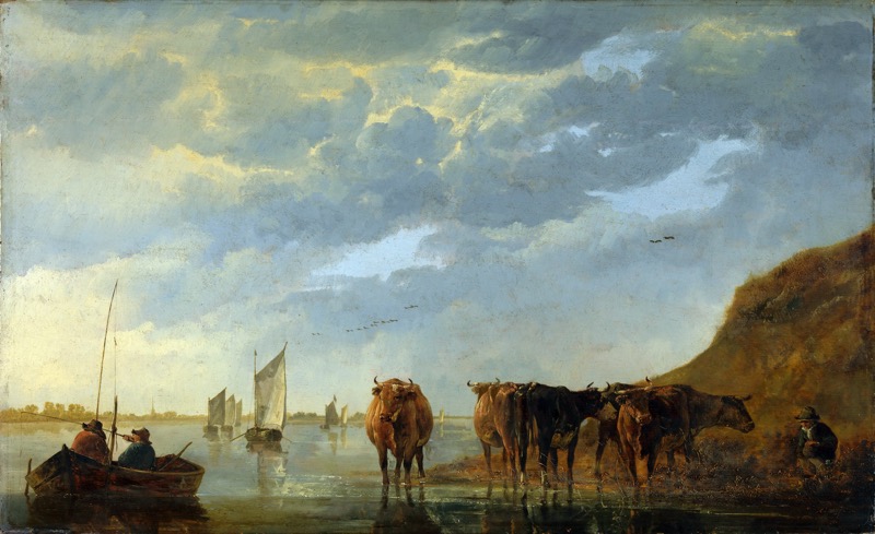 Cattle Wading in a River with Fishing Boats and a Dune Landscape by Aelbert Cuyp