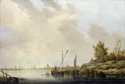 River View with a Small Sailboat near a Farmhouse by Aelbert Cuyp