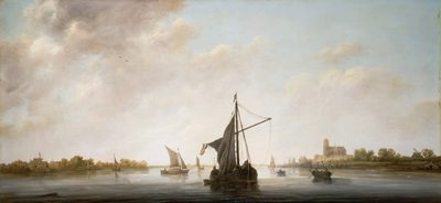 Wide River Landscape with Sailing Vessels and a Distant Town by Aelbert Cuyp