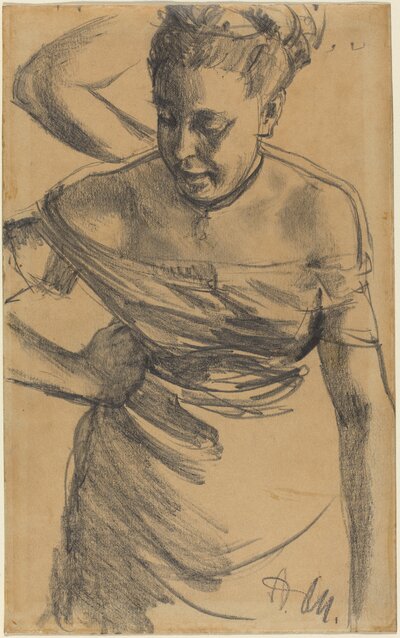 Artist's Model, Seen in Back View, Putting on an Eighteenth-Century Uniform by Adolph Menzel