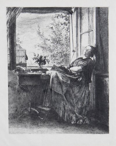 Lesende Dame am Kamin by Adolph Menzel