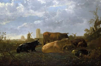 A Distant View of Dordrecht, with a Sleeping Herdsman and Five Cows ("The Small Dort") by Aelbert Cuyp