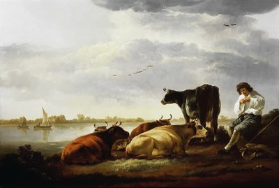 Young Herdsman with Cattle by a River by Aelbert Cuyp