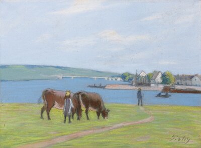 Cows at the Edge of the Seine at Saint-Mammes (Vaches au bord de la Seine a Saint-Mammes, 1885) by Alfred Sisley