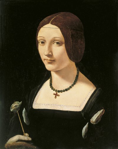 Lady Holding a Flower with Cross Necklace (Dama con fiocco e collana con croce) by Leonardo da Vinci